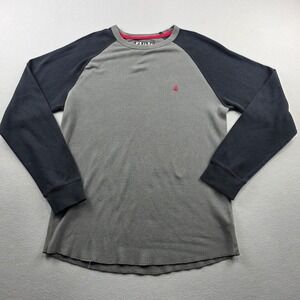 Volcom Mens Thermal Shirt Gray Black Raglan Waffle Knit Long Sleeve Size M